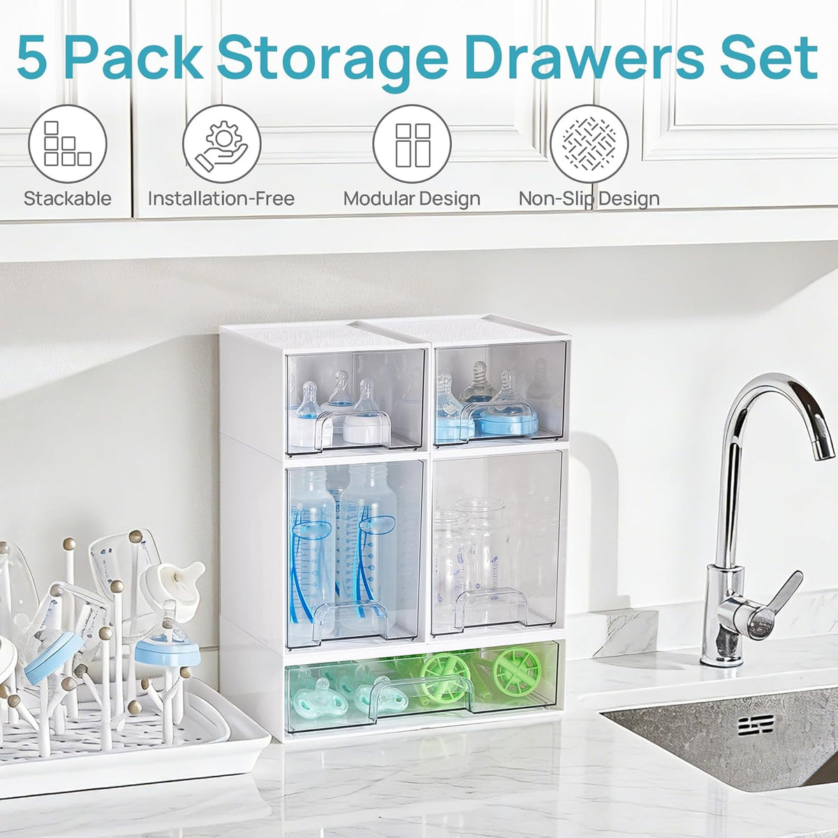 Vtopmart Stackable Storage Drawers Set of 5, Clear Plastic Organizer Bins for Baby Bottle, Beauty Supplies Storage, Ideal for Kichen Countertop, Vanity, Bathroom, Cabinet, Pantry Organization