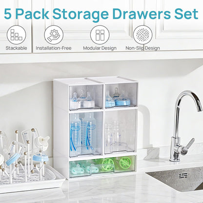 Vtopmart Stackable Storage Drawers Set of 5, Clear Plastic Organizer Bins for Baby Bottle, Beauty Supplies Storage, Ideal for Kichen Countertop, Vanity, Bathroom, Cabinet, Pantry Organization