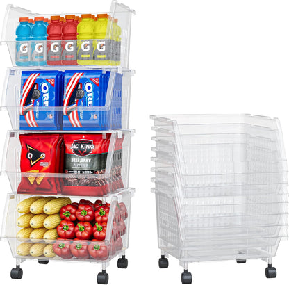 Large Stackable Storage Bins Open Front with Wheels, 4 Pack - Clear | Easy Assembly, Sturdy Plastic, Open Front Access, Smooth Rolling Wheels, Stackable, Large Capacity Storage