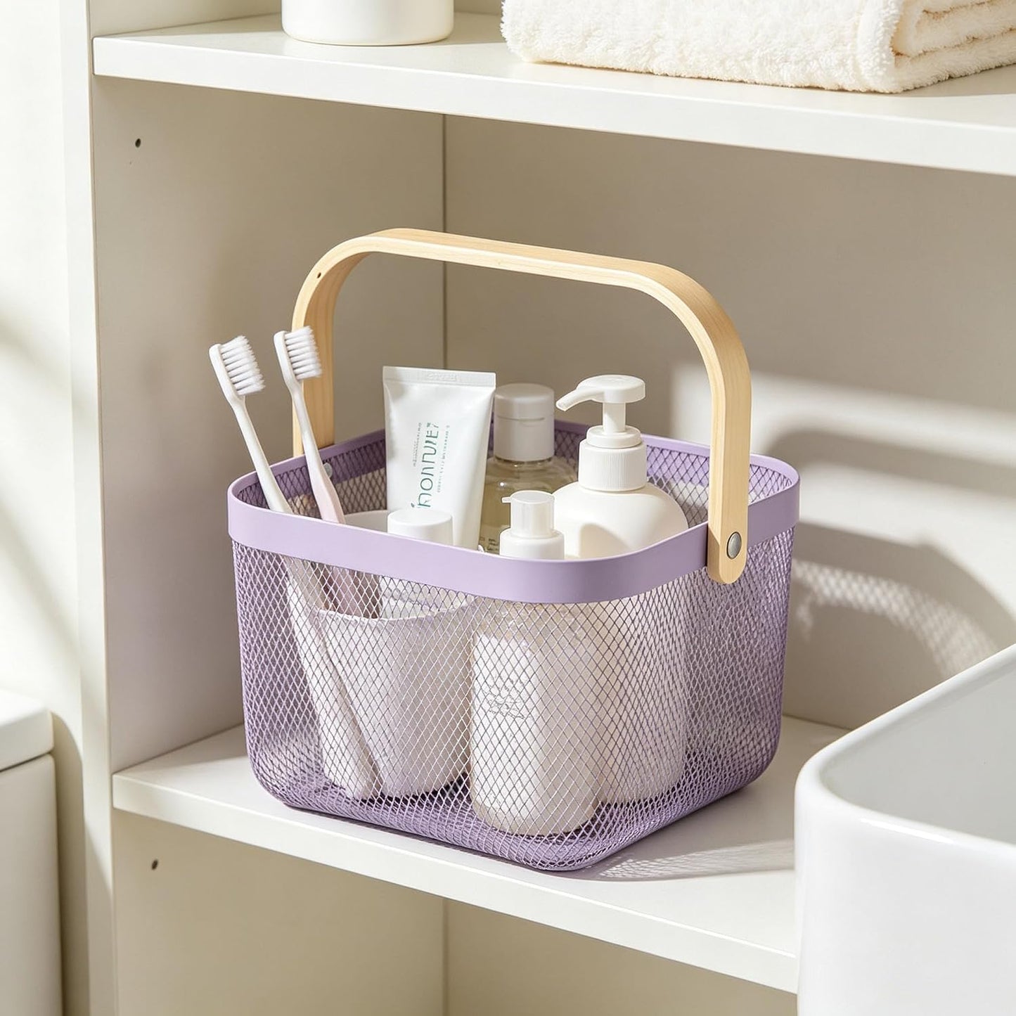 AJIODA Metal Mesh Wire Basket, Large Steel Basket with Wooden Handle Storage Organizer Basket Multi-functional Hanging Kitchen Baskets Fruit Baskets for Kitchen Bathroom Cabinet Pantry Snacks, Black