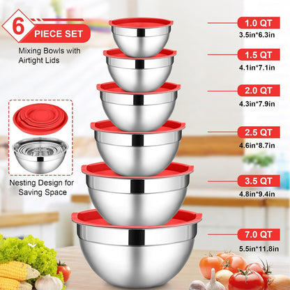 LIANYU Stainless Steel Mixing Bowls Sets of 6, Large 7, 3.5, 2.5, 2, 1.5, 1QT Size with Transparent Airtight Lids, Metal Nesting Serving Bowl Sets for Home Kitchen, Dishwasher & Freezer Safe, Black