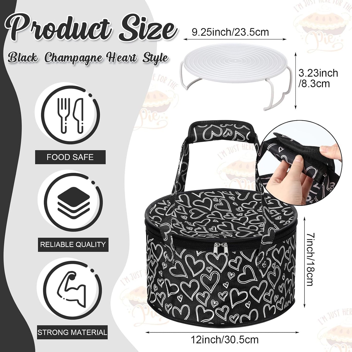 Pickmesh Round Pie Carrier 12 x 7 Inch Insulated Casserole Carriers with Lid and Detachable Handle for Hot or Cold Food Cake Transport Thanksgiving Christmas Gift(Cyan White Zigzag)
