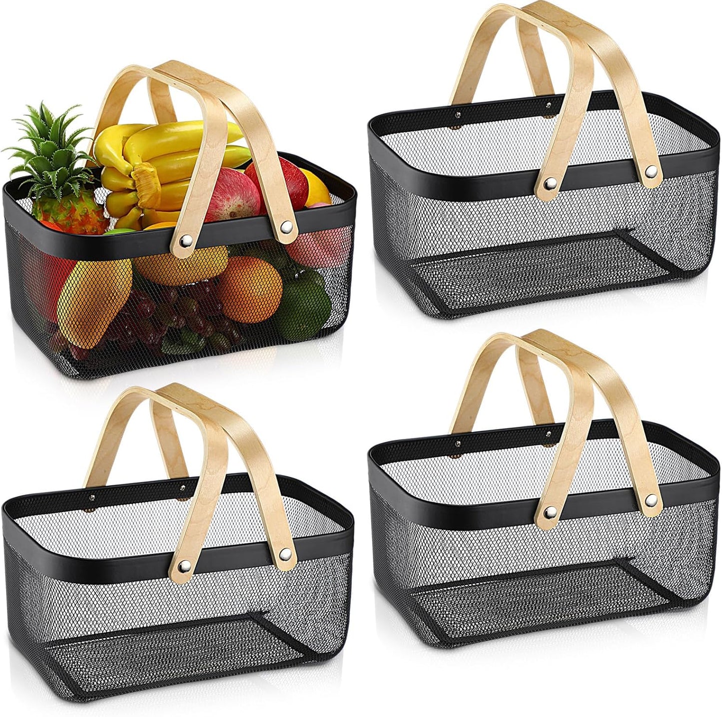 Sadnyy 4 Pcs Macaron Metal Wire Storage Basket with Handle Mesh Harvest Durable Vegetables Fruit Toy Basket for Garden Organizing, Kitchen, Countertop, Closet, Bedroom (16 x 9.8 x 7.1 Inch)