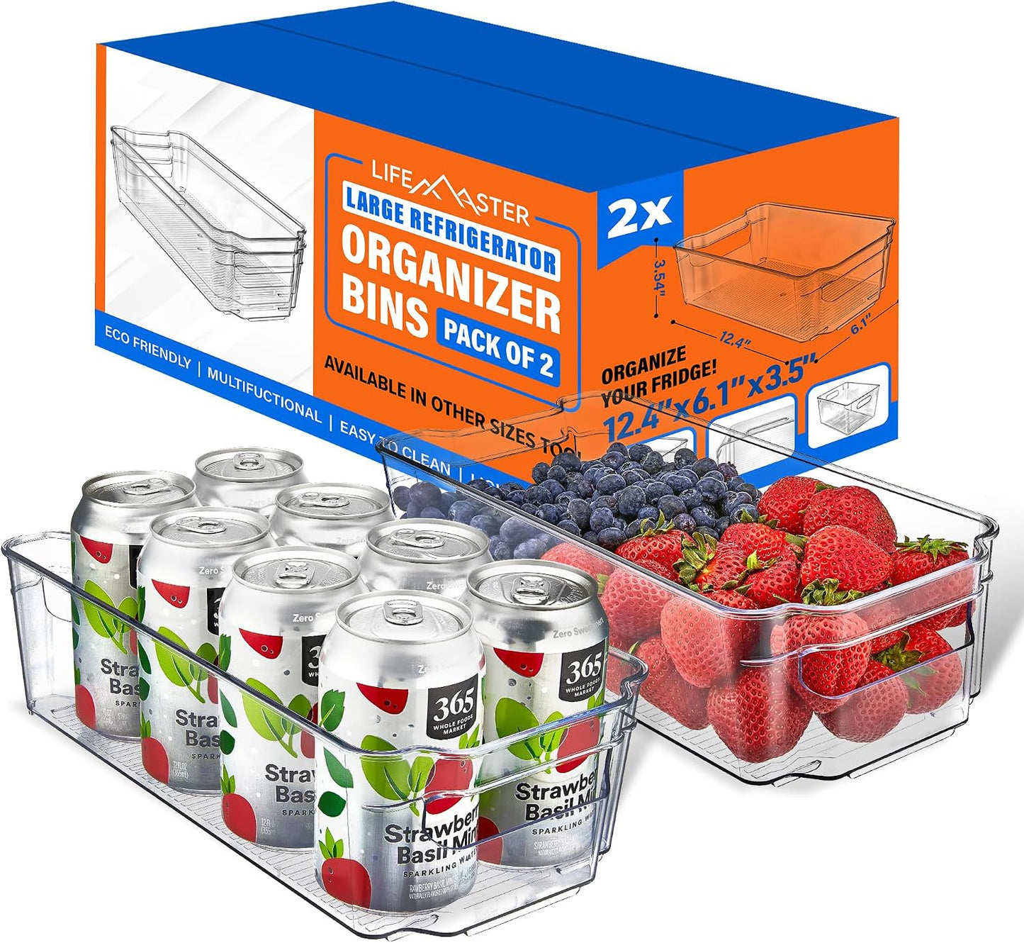 2-Piece Stackable Refrigerator Bin Organizer Set with Easy Grip Handles - Clear Multi-Purpose Storage Bins for Fridge and Pantry Use