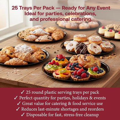 Smarty Had A Party 12 Inch Black Round Plastic Serving Tray – Heavy-Duty Party Platters & Catering Trays, Reusable or Disposable Plastic Trays for Serving Food, Elegant Party Tray Set of 25