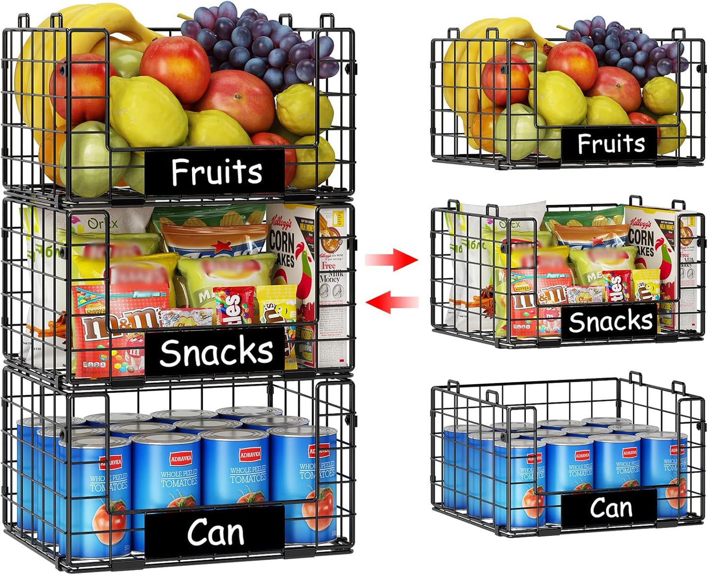 JKsmart 3 Pack XXL Stackable Wire Baskets with Handles for Pantry Storage and Organization, Fruit and Vegetable Basket with Name Plates, Metal Storage Bins for Snack Can Fruit Veggies, XXL
