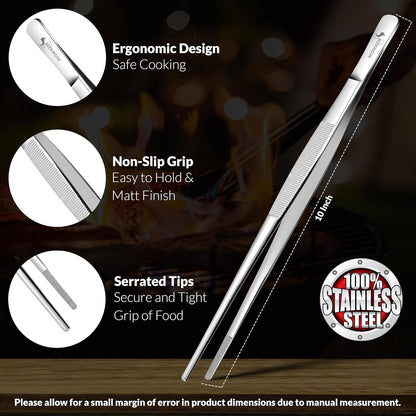 12-Inch Stainless Steel Kitchen Tweezers – Precision Serrated BBQ Tongs for Cooking, Grilling, Plating & Food Handling, Long Professional Chef Tweezer Tool