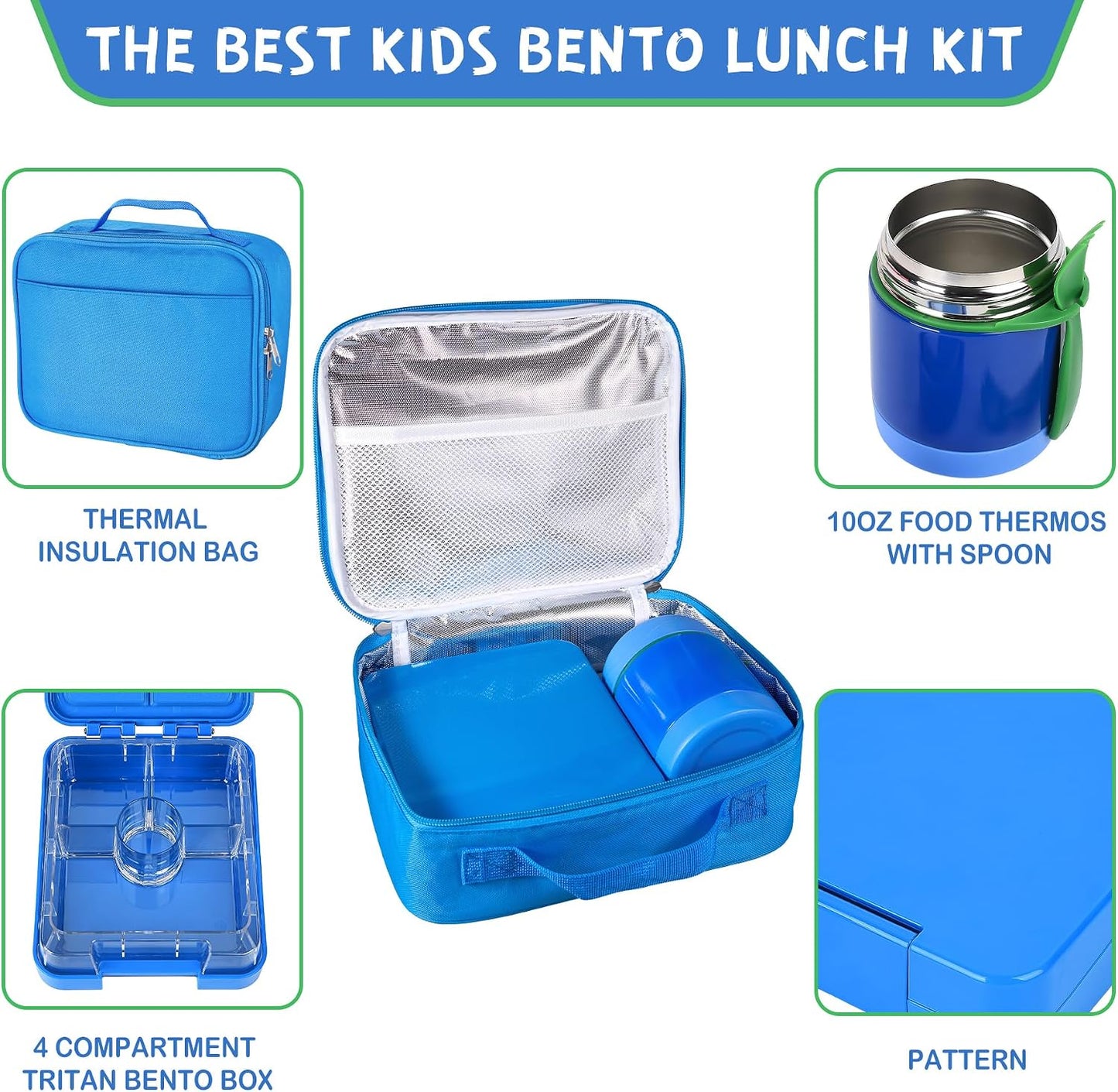 Pawtong Bento Lunch Box Set With 10oz Soup Thermo, Leak-proof Lunch Containers with 4 Compartment, Kids Hot Thermo Food Jar/Insulation Lunch Bag, Food Containers for School（Dinosaur）