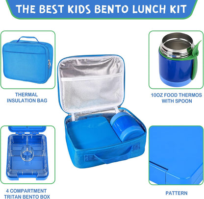 Pawtong Bento Lunch Box Set With 10oz Soup Thermo, Leak-proof Lunch Containers with 4 Compartment, Kids Hot Thermo Food Jar/Insulation Lunch Bag, Food Containers for School（Dinosaur）