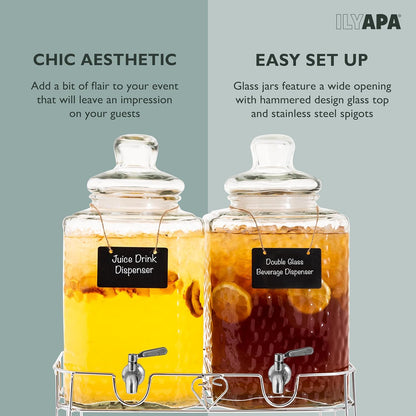 Ilyapa Glass Drink Dispensers for Parties with Stand - 2 Pack, 2 Gallon Double Beverage Dispenser with Wood Tops & Black Stainless Spigots