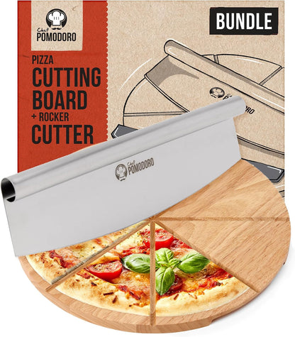 Chef Pomodoro Stainless 14 inch Pizza Cutting Board, Pizza Cutter Combo Set