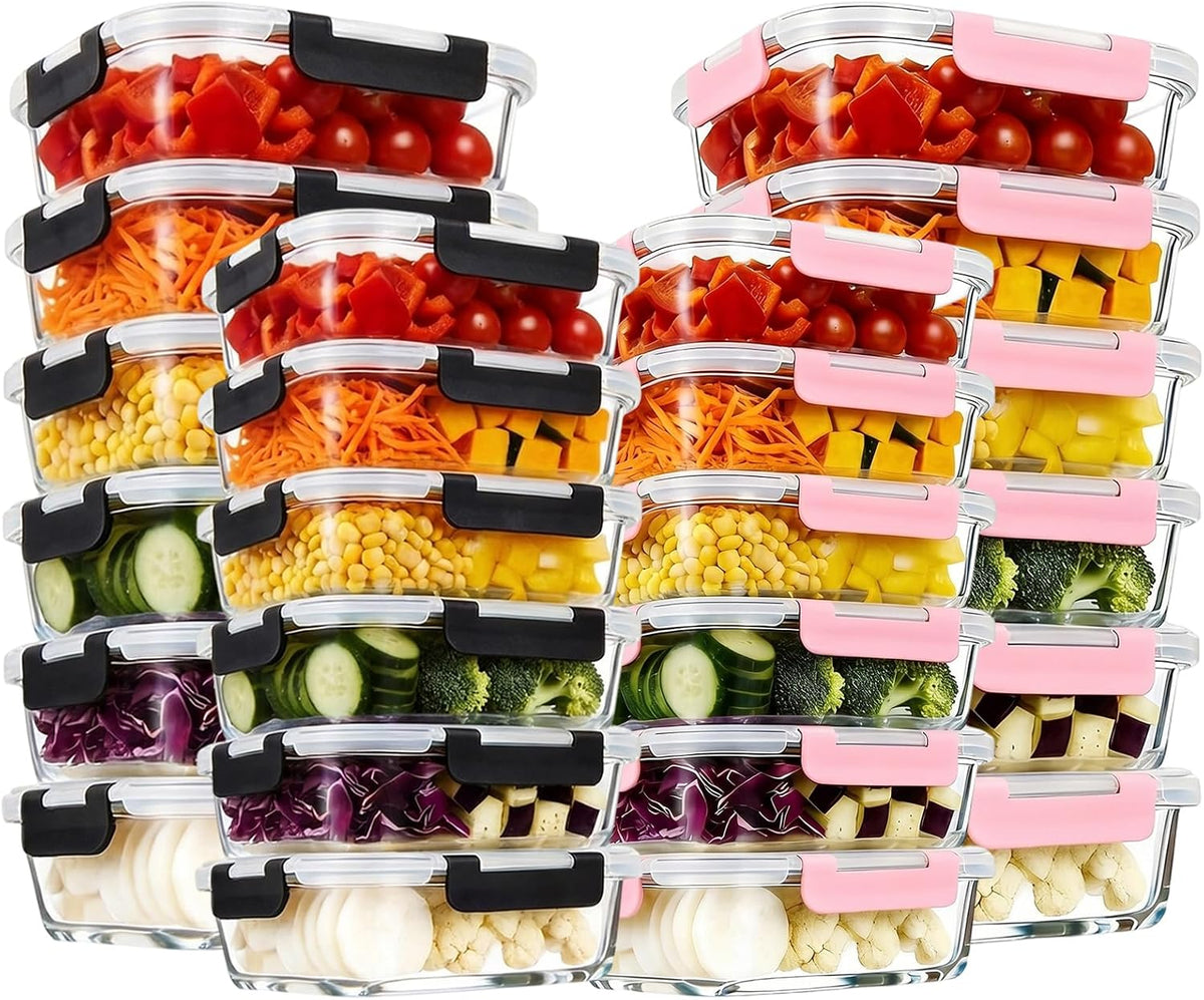 Konokyo Square Glass Food Storage Containers with Lids, 12 Pack Airtight Leakproof Meal Prep Containers, BPA-Free, Microwave Oven Freezer & Dishwasher Safe, Assorted Sizes