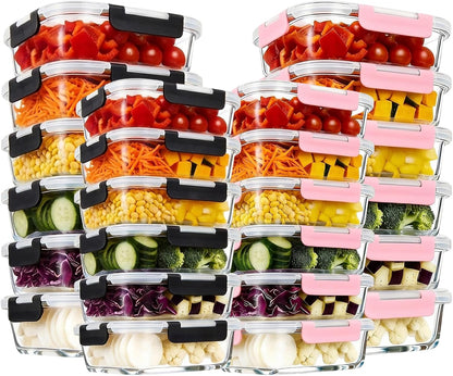 Konokyo Square Glass Food Storage Containers with Lids, 12 Pack Airtight Leakproof Meal Prep Containers, BPA-Free, Microwave Oven Freezer & Dishwasher Safe, Assorted Sizes