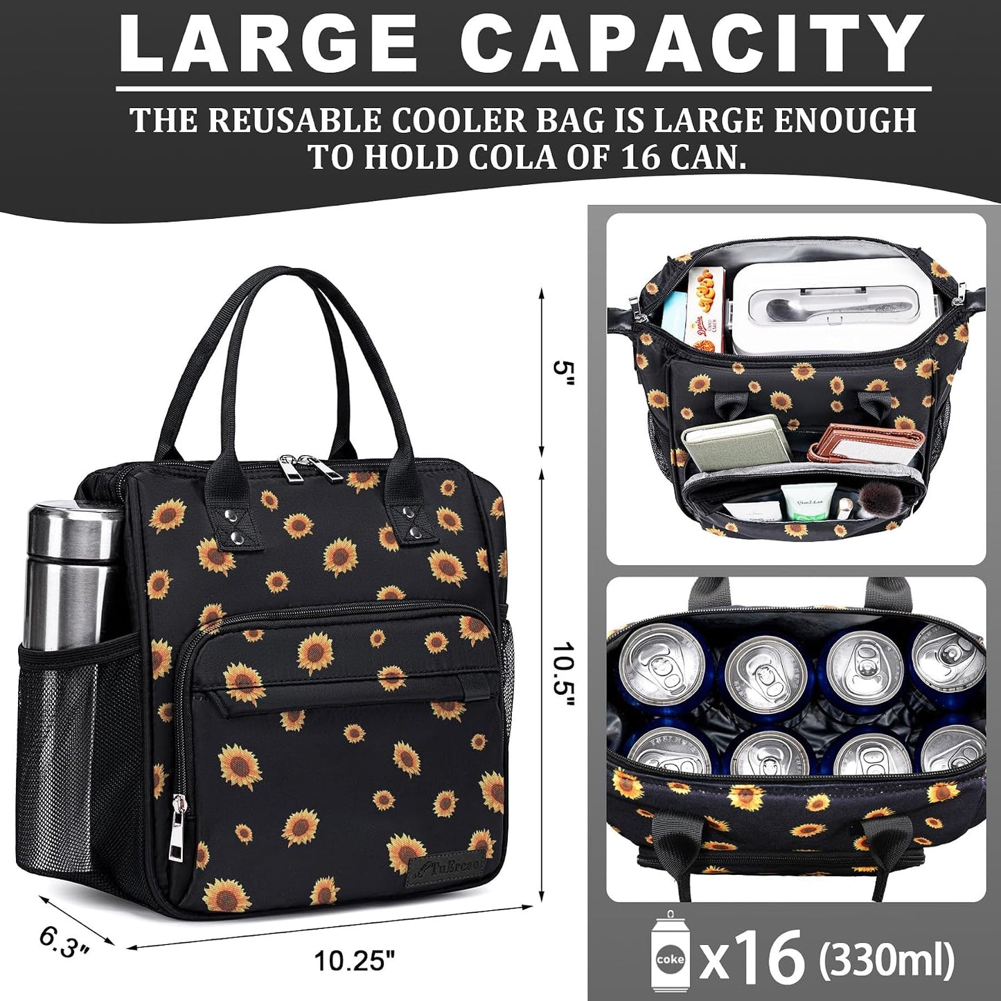 TuErCao Small Lunch Bag Lightweight Insulated Lunch Box for Women Work Portable Soft Cooler for Picnic Travel Road Trips, Loncheras para Mujer, Black