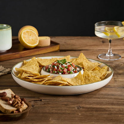 Ceramic Chip & Dip Tray Set: Large 11.5" Serving Platter for Chips & Salsa, Veggies & Dip, Fruits, Snacks, Appetizers Bowl, Entertaining, and Parties