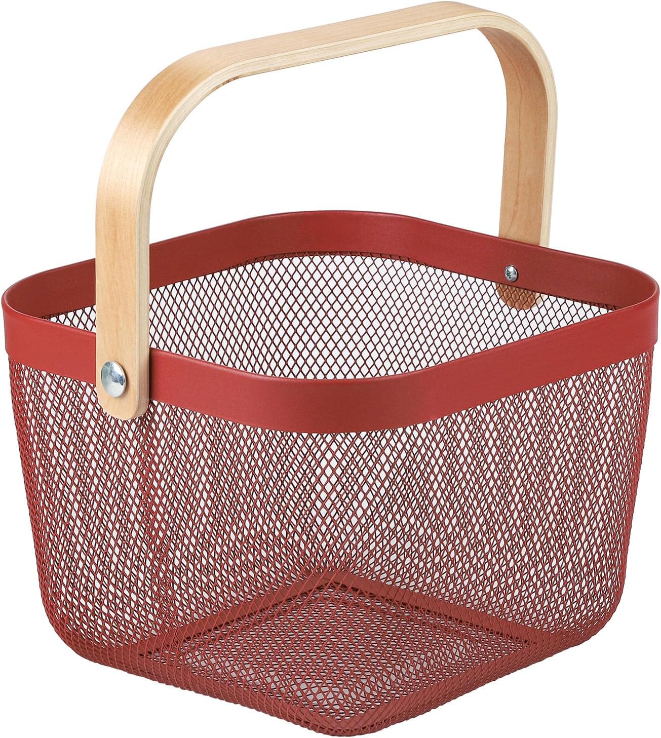 Coloful Metal Mesh Wire Basket with Foldable Wooden Handle,Bin Garden Fruit Vegetable Storage Hanging Harvest Holder for Kitchen Bathroom Picnic (Yellowish Green, Cuboid-15.7 x 9.5 x 7.2“)