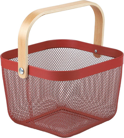 Coloful Metal Mesh Wire Basket with Foldable Wooden Handle,Bin Garden Fruit Vegetable Storage Hanging Harvest Holder for Kitchen Bathroom Picnic (Yellowish Green, Cuboid-15.7 x 9.5 x 7.2“)