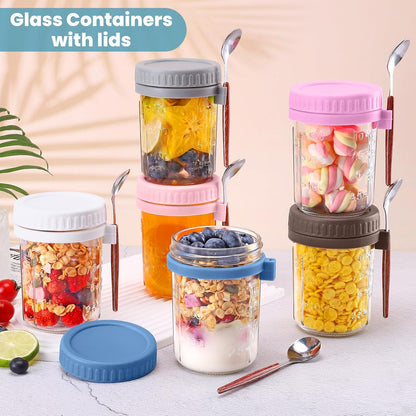 6 Pack Overnight Oats Containers with Lids and Spoons, 16 oz Glass Mason Jars with Airtight Lids, Meal Prep Containers, Overnight Oats Jars for Milk, Cereal, Fruit
