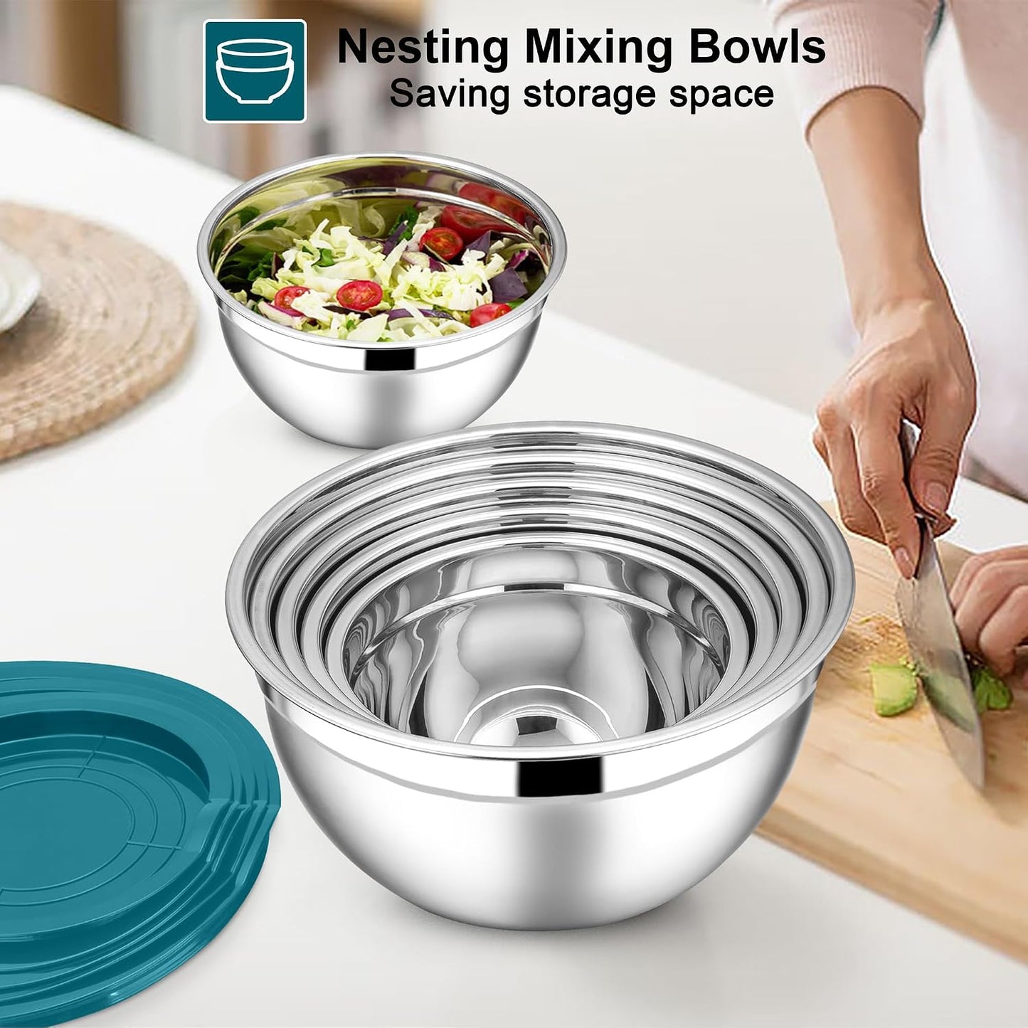 E-far Stainless Steel Mixing Bowls with Lids Set, 5-Piece Nesting Salad Bowls with 3 Grater Attachments and Non-Slip Bottoms, Size 4.6, 2.6, 2, 1.5, 1QT for Kitchen (Khaki)