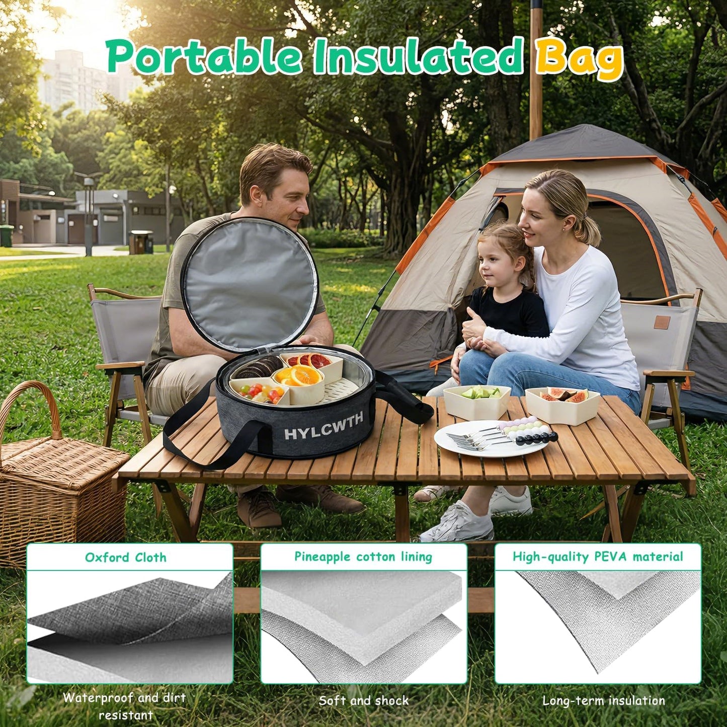 Divided Serving Tray with Lid and Handle, Rounded Snackle Box with 6 Compartments and Chill Base for Fruits, Candy, Veggie, Travel Snack Container with Portable Insulated Bag & Ice Cube Tray & 5 Forks