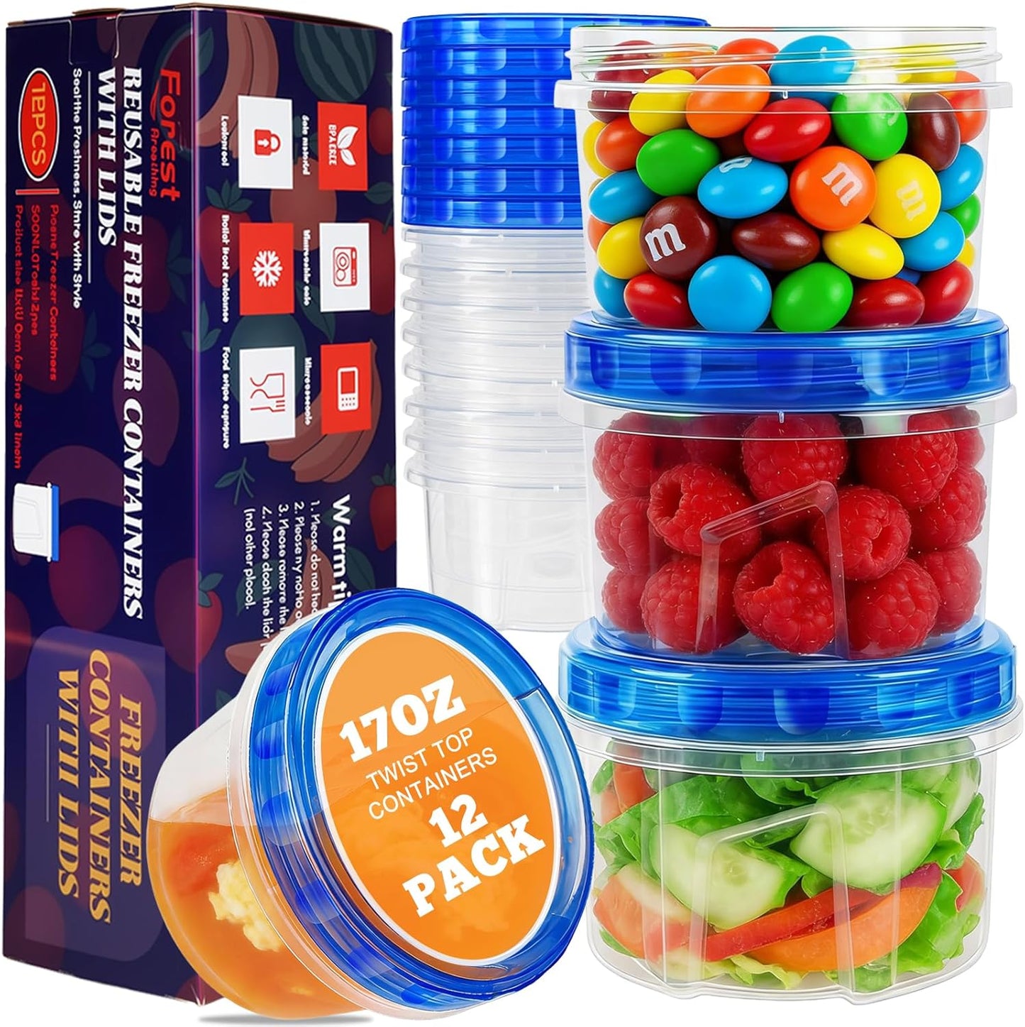 10 Pack 34oz Reusable Freezer Food Storage Containers with Twist Top Lids, Airtight Plastic Meal Prep Food Containers for Leftover Lunch Fruit Salad Oats, Clear Large Soup Container Microwave Safe