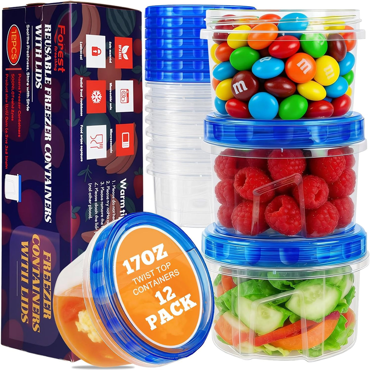 10 Pack 34oz Reusable Freezer Food Storage Containers with Twist Top Lids, Airtight Plastic Meal Prep Food Containers for Leftover Lunch Fruit Salad Oats, Clear Large Soup Container Microwave Safe