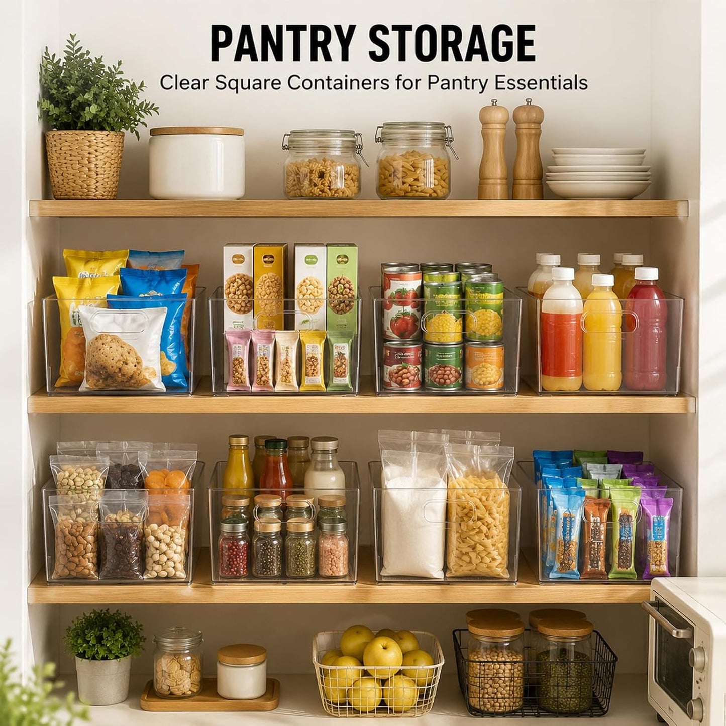 MOONEDGE 4-Pack 10x10x6 Clear Plastic Cube Storage Bins with Handles | Acrylic hard square organizer containers for closet,pantry,fridge,kitchen,bathroom,laundry,under-sink,cabinet organization