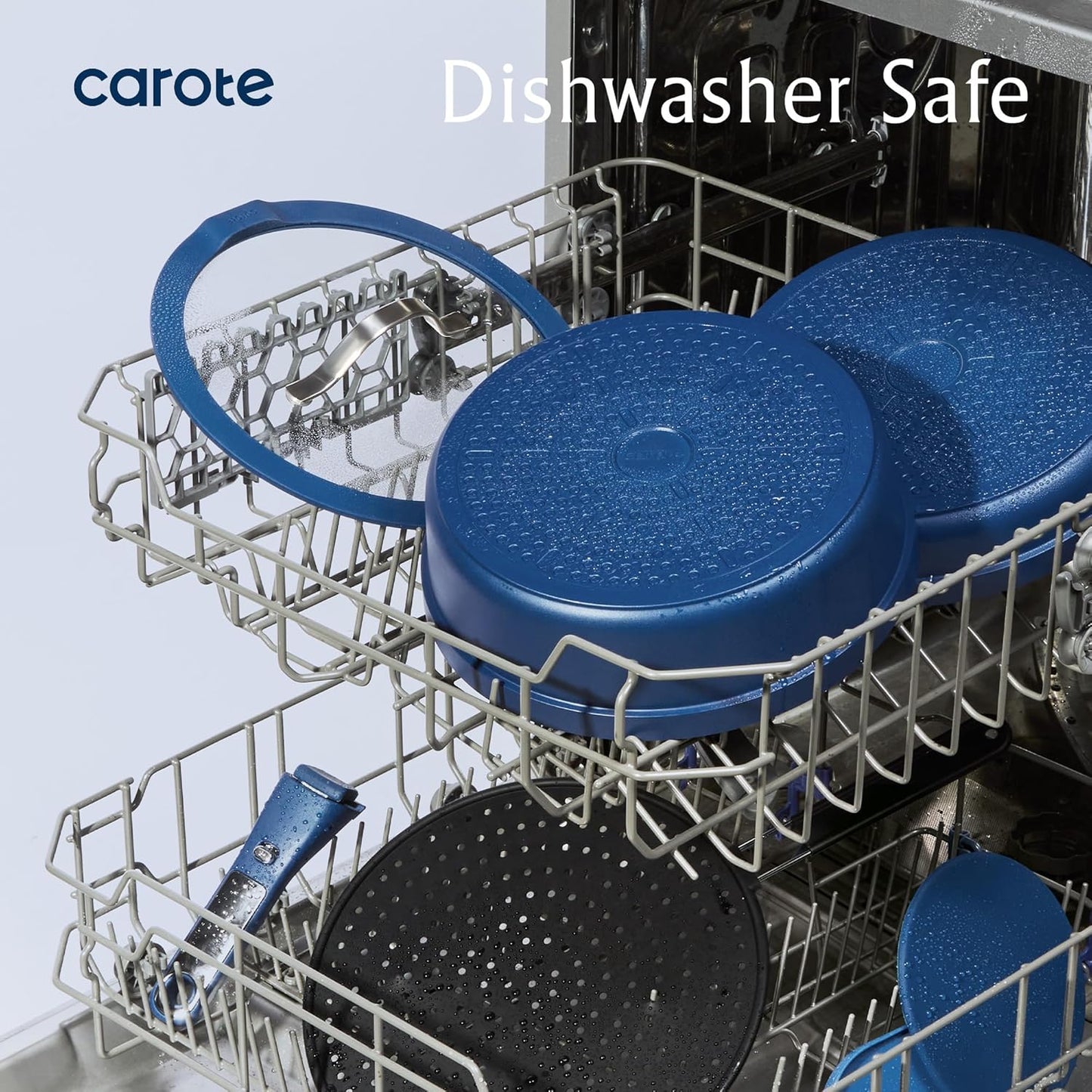 CAROTE 10-Piece Pots and Pans Set, Nonstick Cookware Set Detachable Handle, Frying Pan with Splatter Screen, Oven Safe, Induction Ready, Stackable, Blue