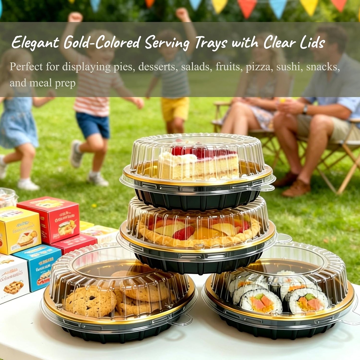 Disposable Pie Carrier with Clear Lid, 9.8 Inch Gold Plastic Serving Tray, Round Pies Holder for Pizza Dessert Salad Fruit Baking Meal Prep, 8 Pack