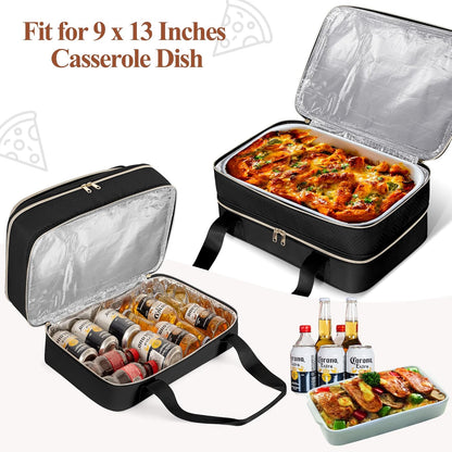 Insulated Casserole Carrier for Hot or Cold Food, Thermal Lasagna Lugger Tote to Keep Food Warm, Double Decker Food Warmer Bag Fits 9”x13” Baking Dish, Pink