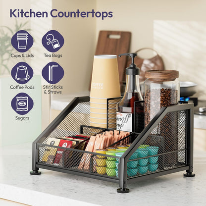 SWTYMIKI Coffee Bar Organizer for Countertop – Space-Saving Kcup Organizer with Tiered Shelves, Countertop Coffee Station for Pods, Sugar, Syrup, Cups, Stirrers, Mesh Condiment Storage