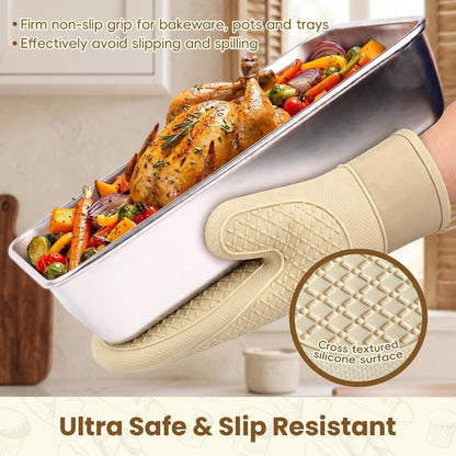 Silicone Oven Mitts,Heat Resistant, Oven Gloves with Soft Lining,Universal Fit Heat Resistant Kitchen Gloves for Baking, BBQ, Cooking and Grilling (Khaki)