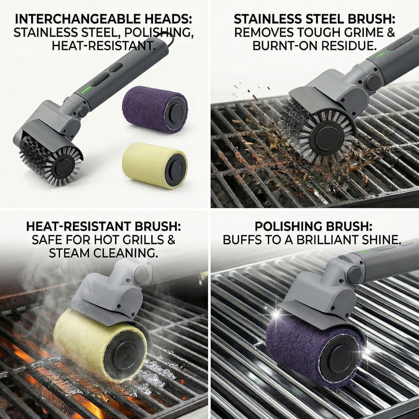 Cordless Electric Grill Brush with Adjustable Angle, 3-Speed Power Motor & Stainless Steel Head - Rechargeable, 90-Min Runtime, Waterproof Grill Cleaner for BBQ Grates & Griddles (Black)
