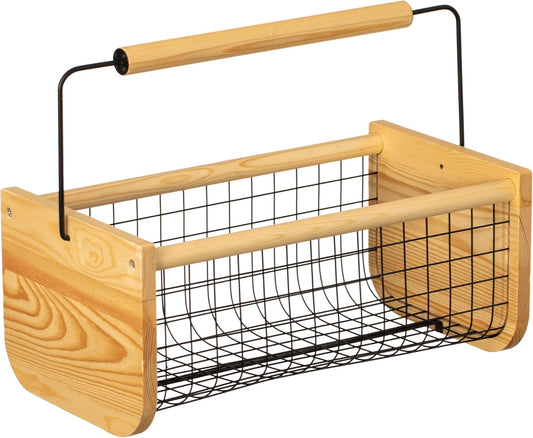 Gardenised Vintage Harvest Basket Pine Wood & Metal Mesh Wire Design Wooden Frame with Straight Handle for Fruits Vegetables Kitchen Organization Decorative Storage Home Décor & Garden Display
