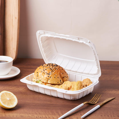 8X8 3-Compartment 50-Pack Plastic Clamshell Takeout Food Trays Heavy Duty Togo Disposable Box Carryout Meal Prep Packaging Catering Hinged Containers With Secure Snap Lid (Formerly FULING)