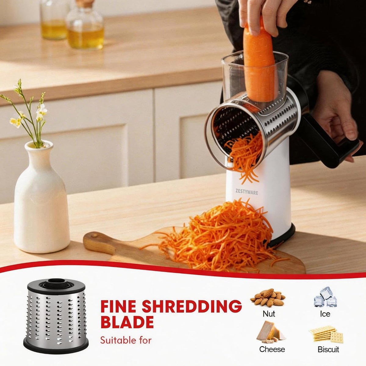 Rotary Cheese Grater Hand Crank with Foldable Handle, Three Blades