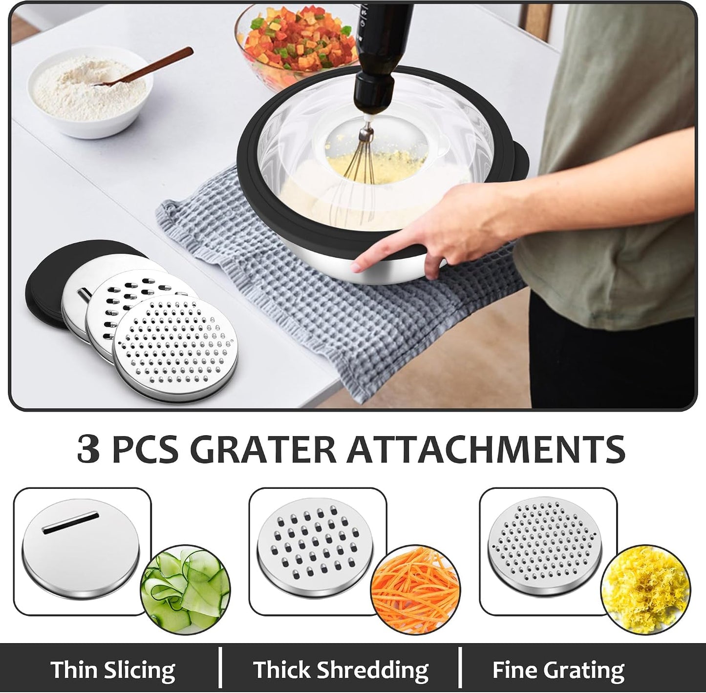 E-far Colander with Mixing Bowl Set, 4-1 Stainless Steel Colander Strainers Bowl with Graters for Kitchen, Rotatable Food Strainer Bowl for Rinsing Fruits Vegetables/Draining Pasta - Black