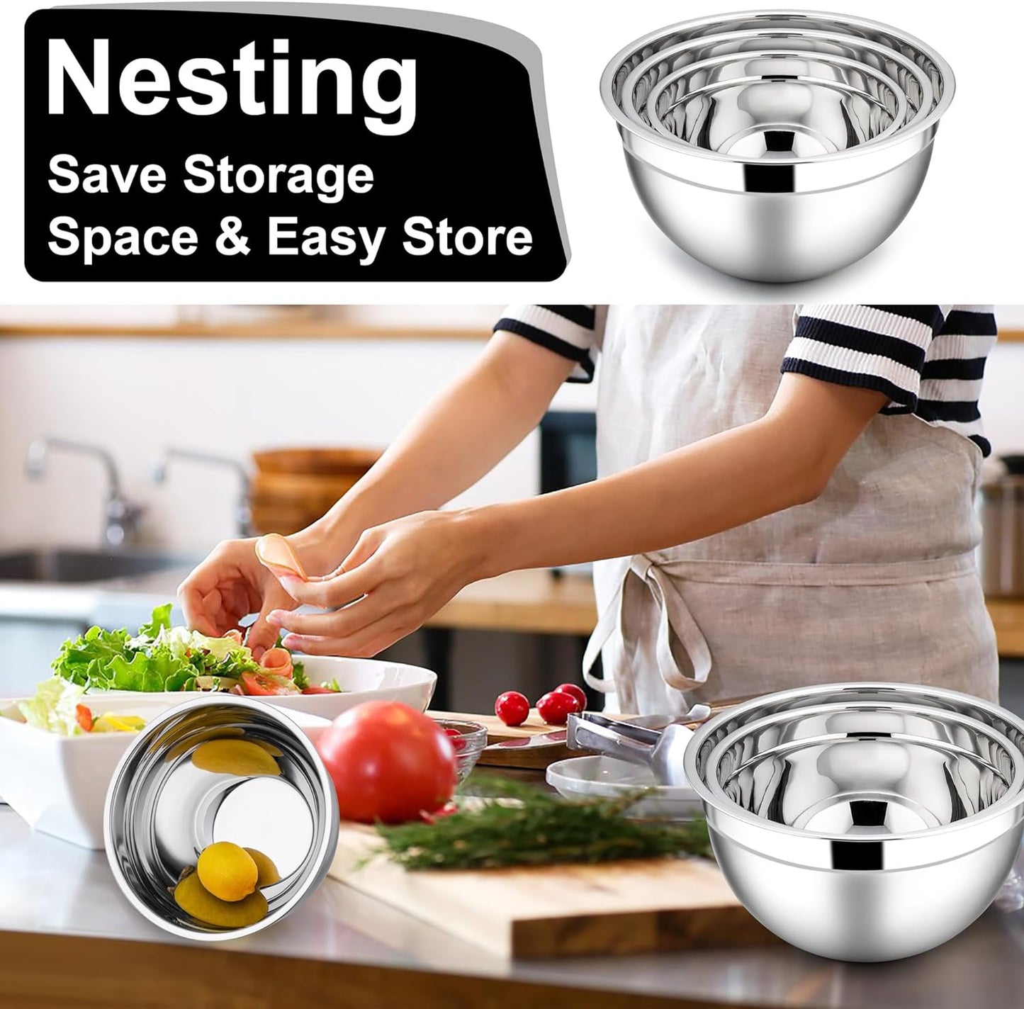 E-far Mixing Bowls With Lids Sets of 5, 10-Piece Stainless Steel Salad Metal Nesting Bowl for Baking Cooking and Prepping, Airtight Lid & Stackable Design, Size 4.6, 3, 2.1, 1.5, 0.7 QT, Black