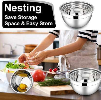 E-far Mixing Bowls With Lids Sets of 5, 10-Piece Stainless Steel Salad Metal Nesting Bowl for Baking Cooking and Prepping, Airtight Lid & Stackable Design, Size 4.6, 3, 2.1, 1.5, 0.7 QT, Black
