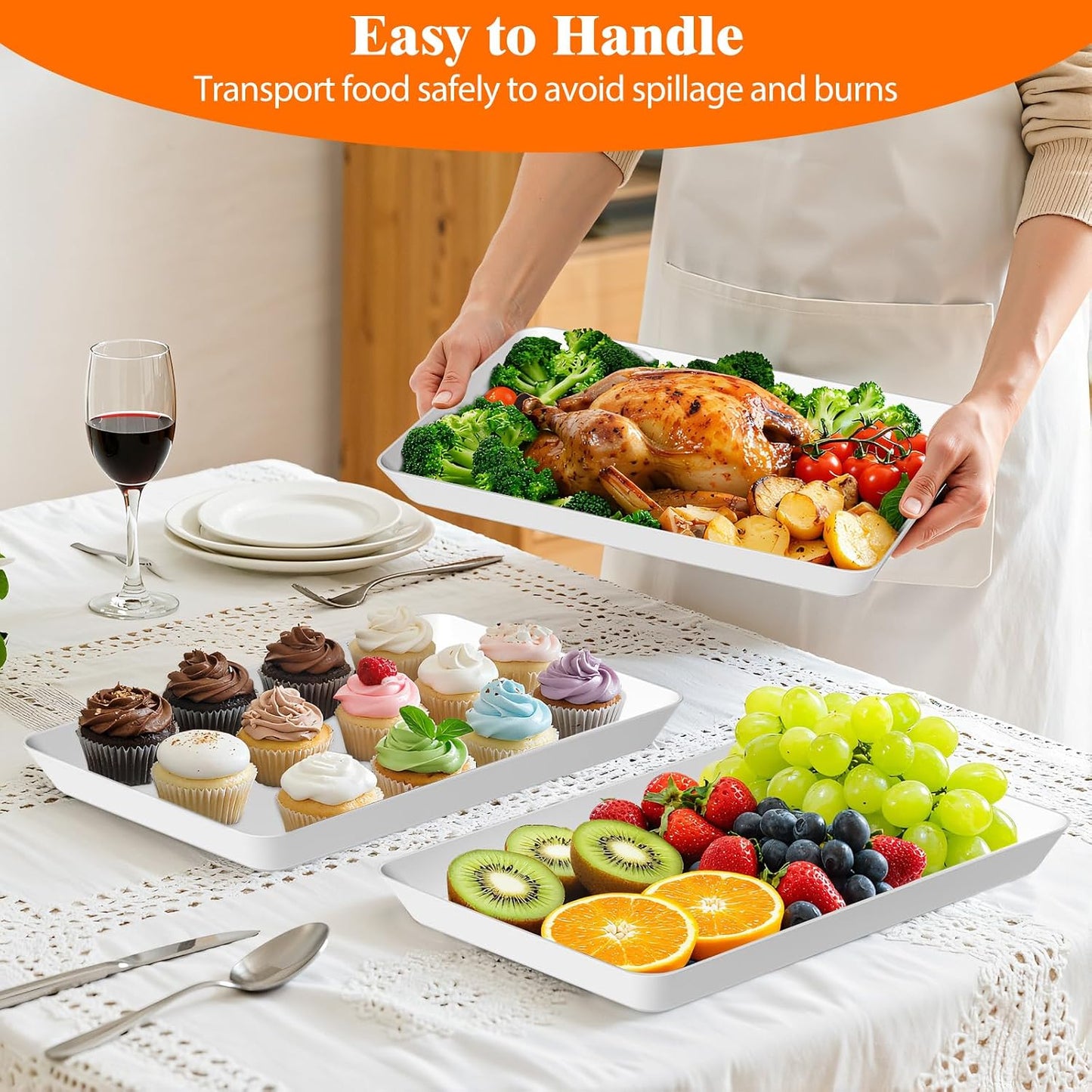 SpaceTrove 4-Pack Serving Tray Set, Reusable Plastic Serving Platter for Party Supplies, Entertaining, Grilling Accessories, Stackable Kitchen Snack Box Container for Dessert, Fruit, Cookie, (Black)