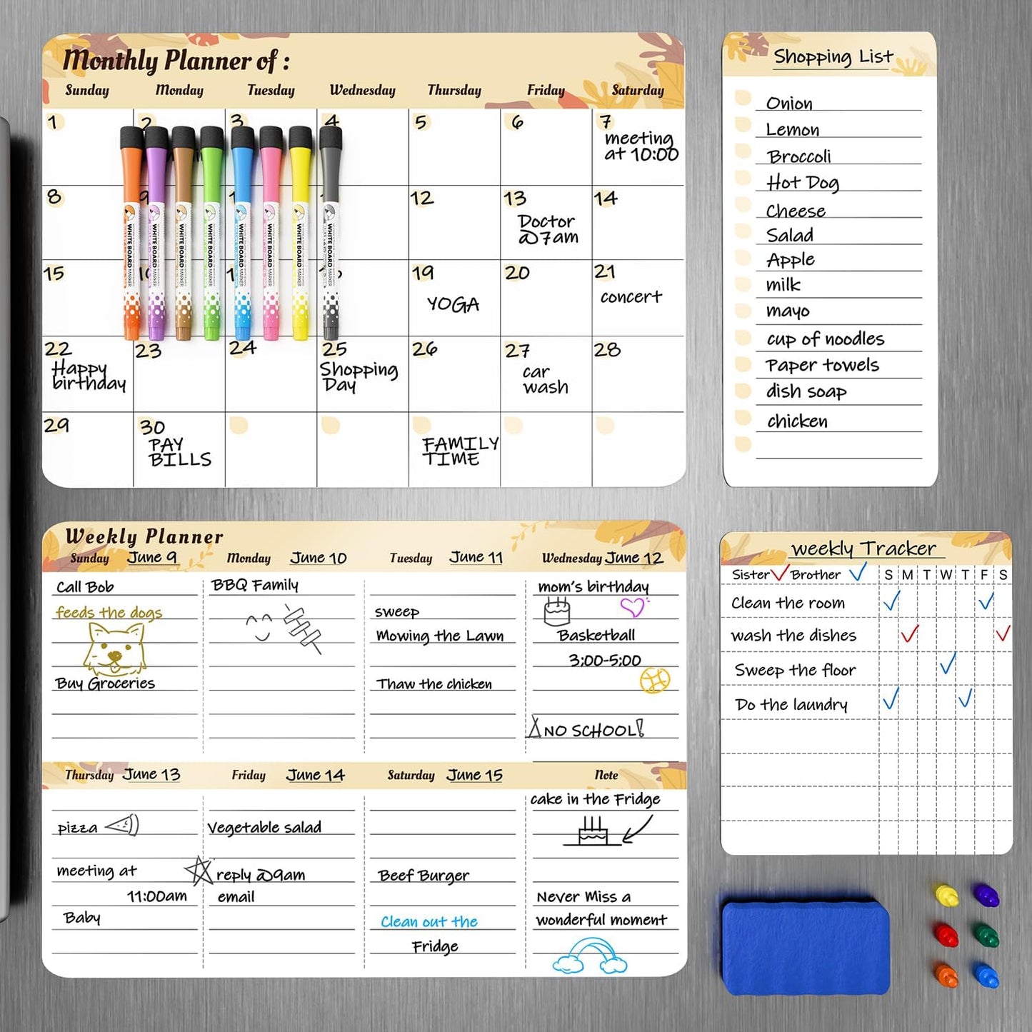 MARSROCK Refrigerator Calendar Magnetic, 16.3x11.7” (4-Pack) – Weekly & Monthly Planner, Chore Chart, Grocery/to-Do List for Fridge, Includes 8 Markers, 6 Magnets & 1 Eraser for Kitchen, Yellow