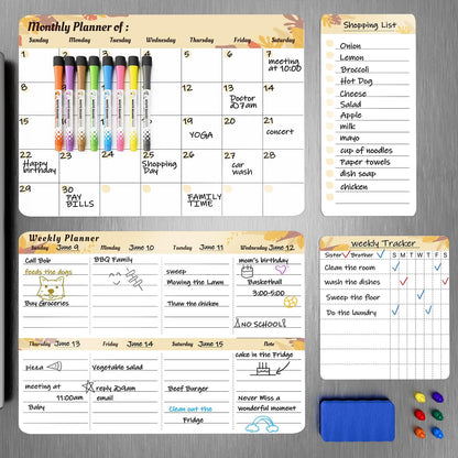 MARSROCK Refrigerator Calendar Magnetic, 16.3x11.7” (4-Pack) – Weekly & Monthly Planner, Chore Chart, Grocery/to-Do List for Fridge, Includes 8 Markers, 6 Magnets & 1 Eraser for Kitchen, Yellow