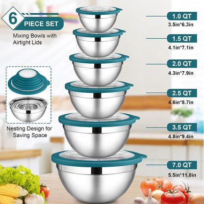 LIANYU Stainless Steel Mixing Bowls Sets of 6, Large 7, 3.5, 2.5, 2, 1.5, 1QT Size with Transparent Airtight Lids, Metal Nesting Serving Bowl Sets for Home Kitchen, Dishwasher & Freezer Safe, Black