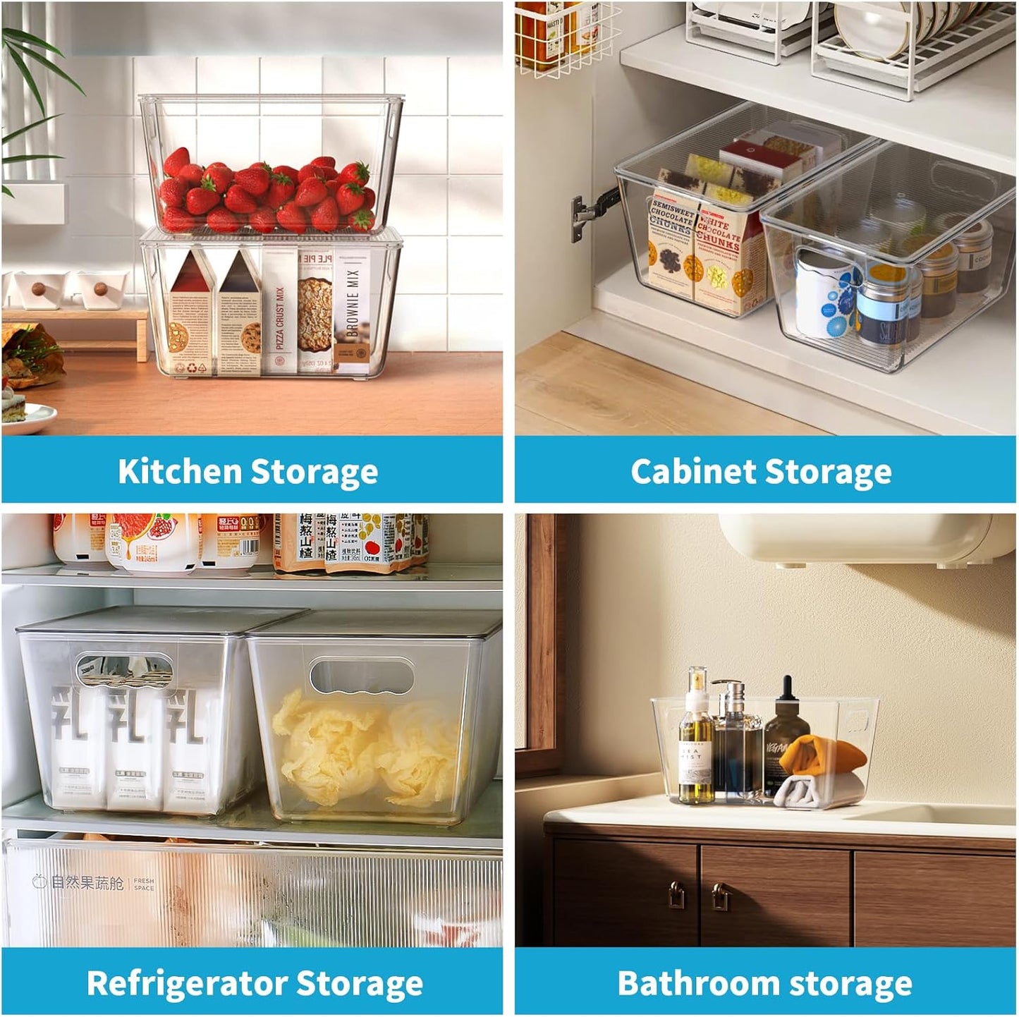 Clear Plastic Storage Bins, 4-Pack Stackable Pantry Organizers and Storage Containers for Kitchen, Fridge, Cabinet and Closet Organization - Home Essentials