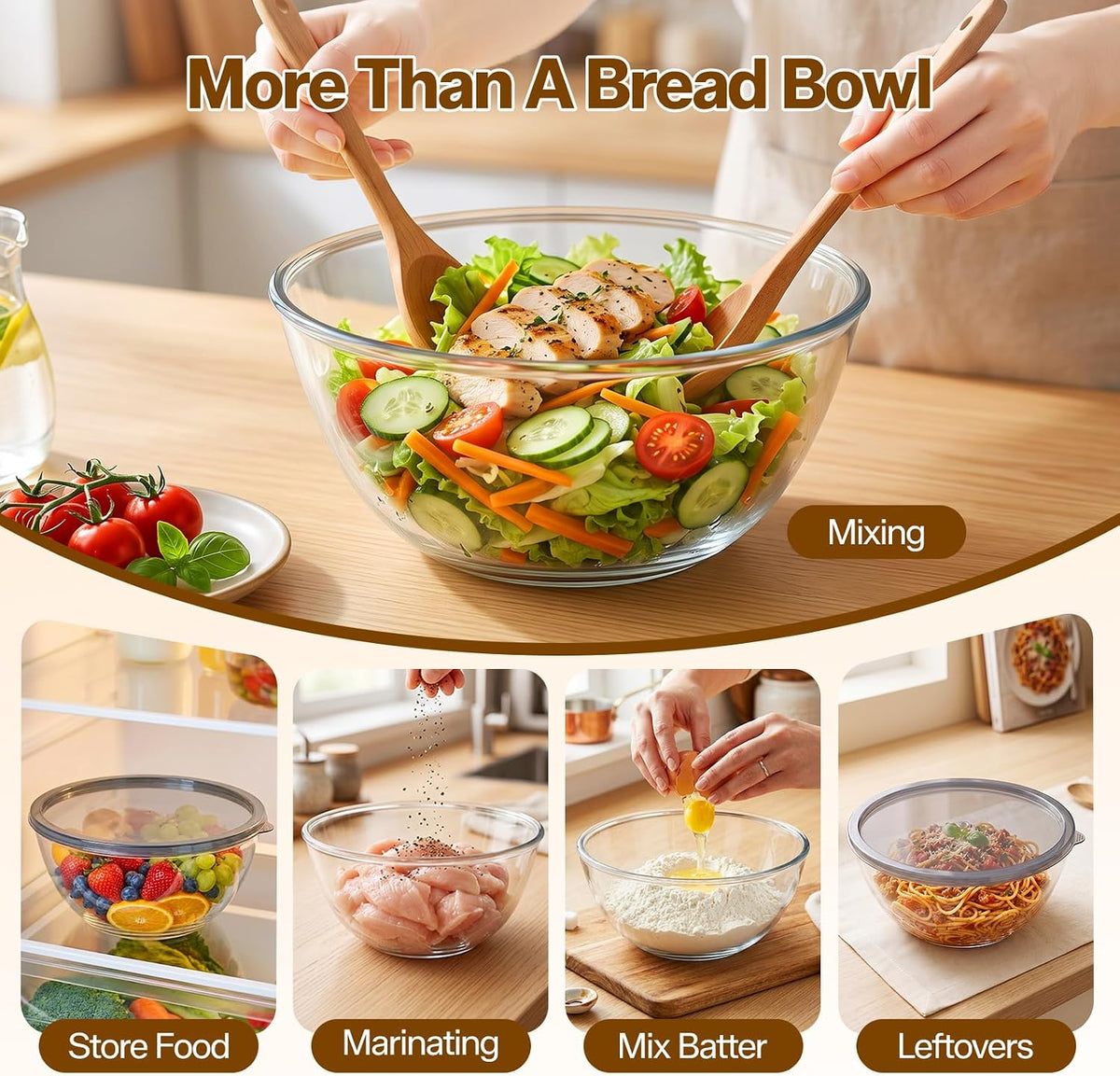 4.7 QT Large Glass Mixing Bowl with Lid, for Sourdough Bread Making