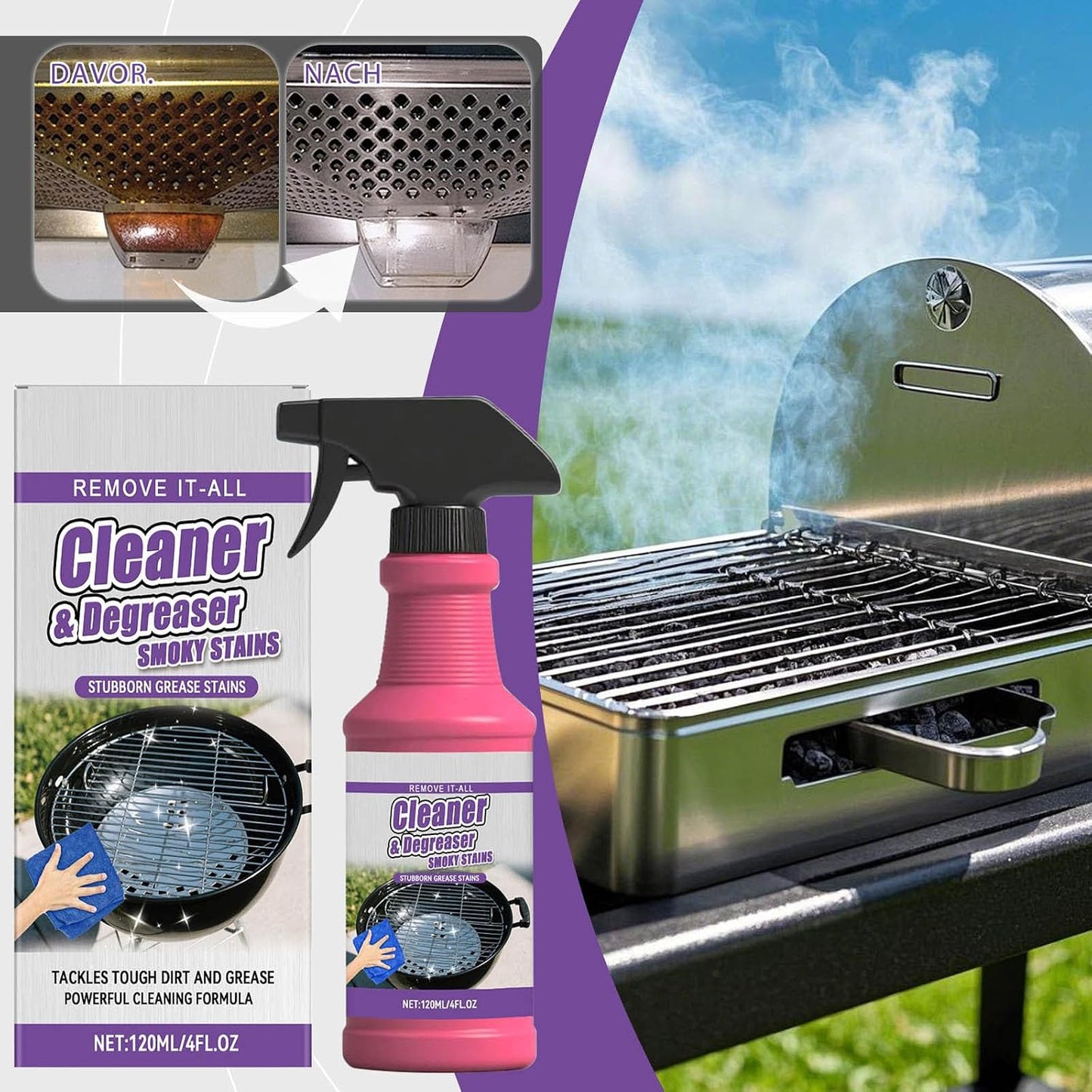 Fast-Acting Heavy-Duty Grill Degreaser Spray, Heavy Duty BBQ Grill Degreaser, Multi Functional Grease Remover for Outdoor Grills Effortlessly Removes Stubborn Oil & Carbon Residue (sponge)