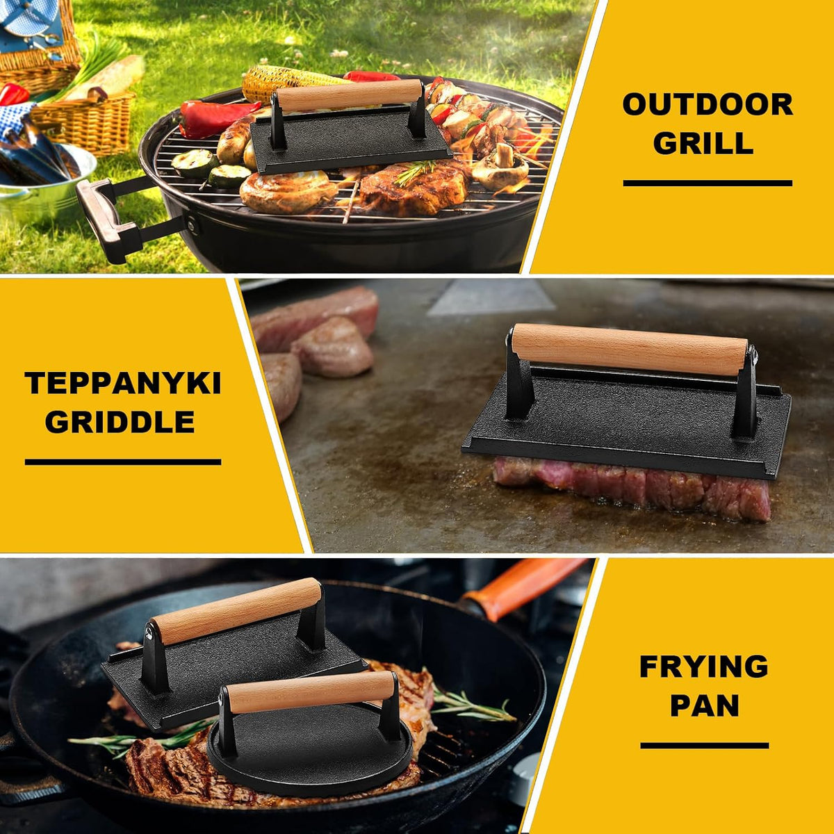 AIVIKI Burger Press, Smash Burger Press for Blackstone Griddle, Heavy Duty Cast Iron Round 6.9In & Rectangular 8.2x4.2In Bacon Grill Press with Wood Handle, Meat Steak Weight for Sandwich, Paninis