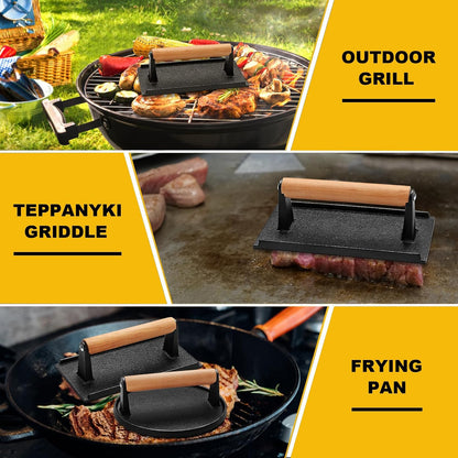 AIVIKI Burger Press, Smash Burger Press for Blackstone Griddle, Heavy Duty Cast Iron Round 6.9In & Rectangular 8.2x4.2In Bacon Grill Press with Wood Handle, Meat Steak Weight for Sandwich, Paninis