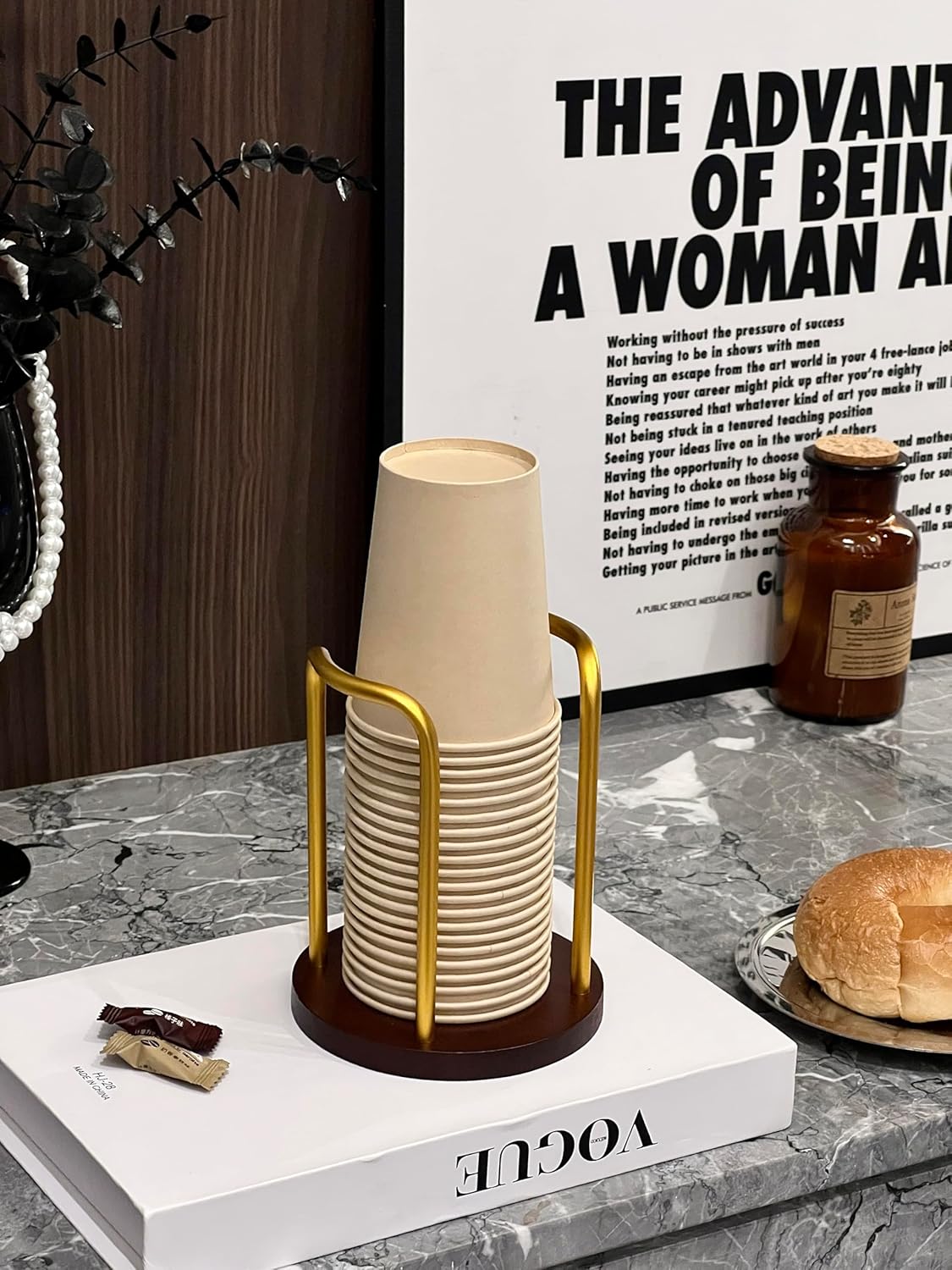 Wood Cup Holder for Cups (Under 3.35in Diameter), Stylish Walnut Disposable Cup Dispenser, Plastic Mouthwash Cup Storage Organizer -Perfect for Office, Kitchen, Gym, School or Cafes