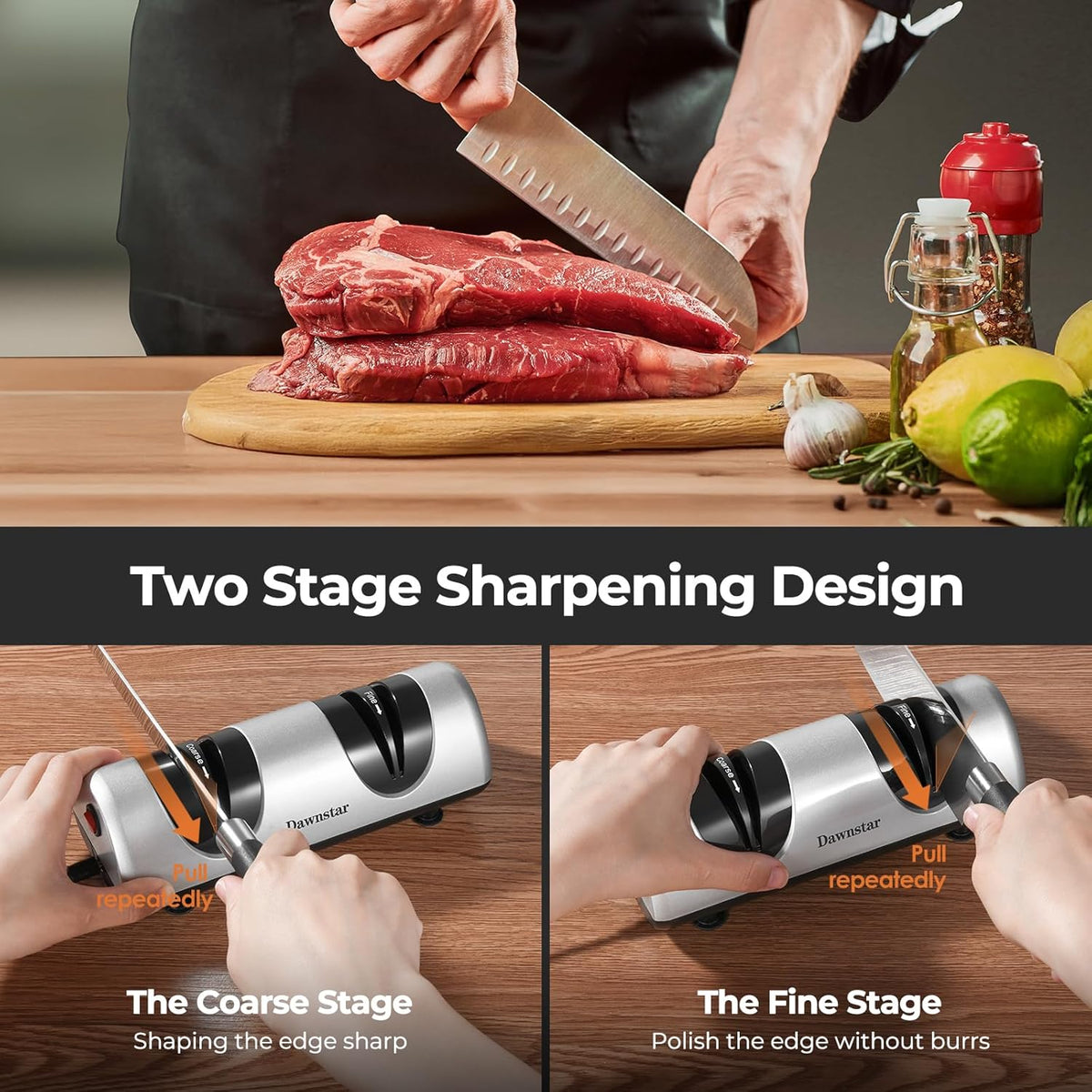 Electric Knife Sharpener, Professional Kitchen Knife Sharpener for Home Use, 2 Stages of Coarse Sharpening & Fine Polishing, Metal Dust Collection Box for Easy Cleaning, Silver Gray